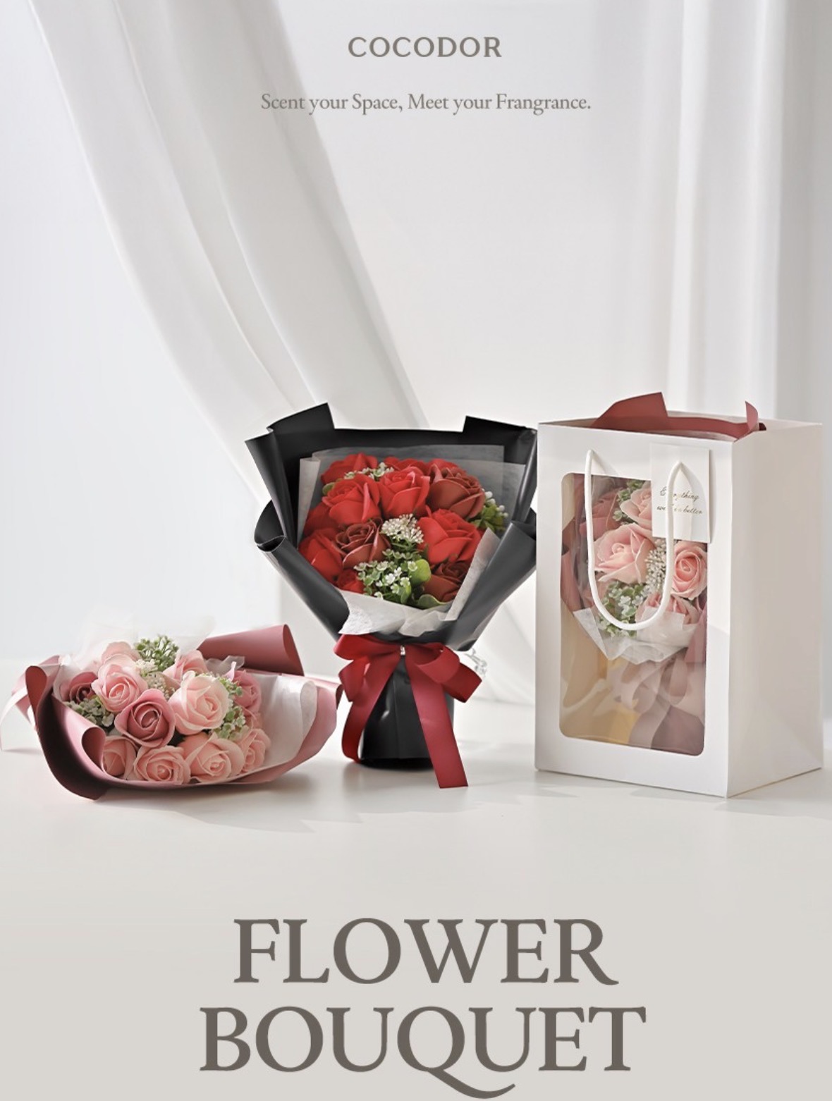 Cocodor soap flower bouquet + shopping bag set