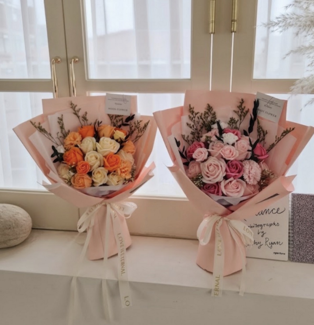 Florea soap flower bouquet large + shopping bag + lighting + card, blossom