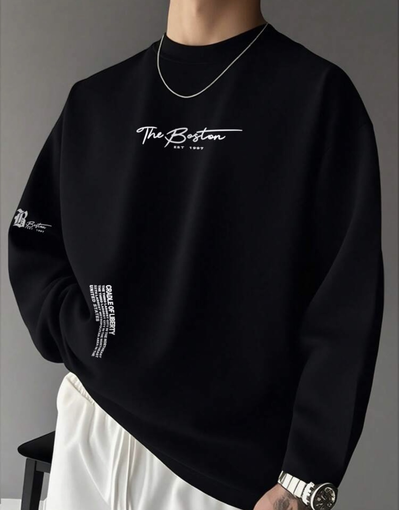 Mens Casual Printed Round Neck Long Sleeve T-Shirt