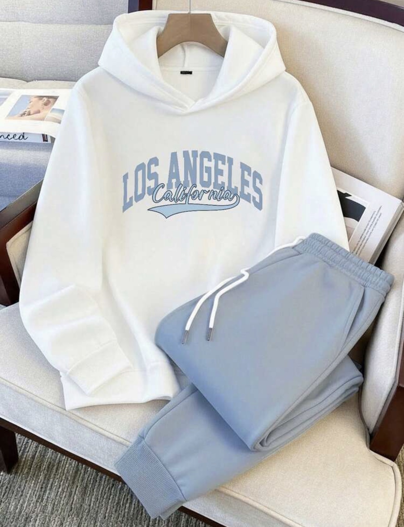 Daypath College Letter Print White Hoodie And Light Blue Sweatpants Set