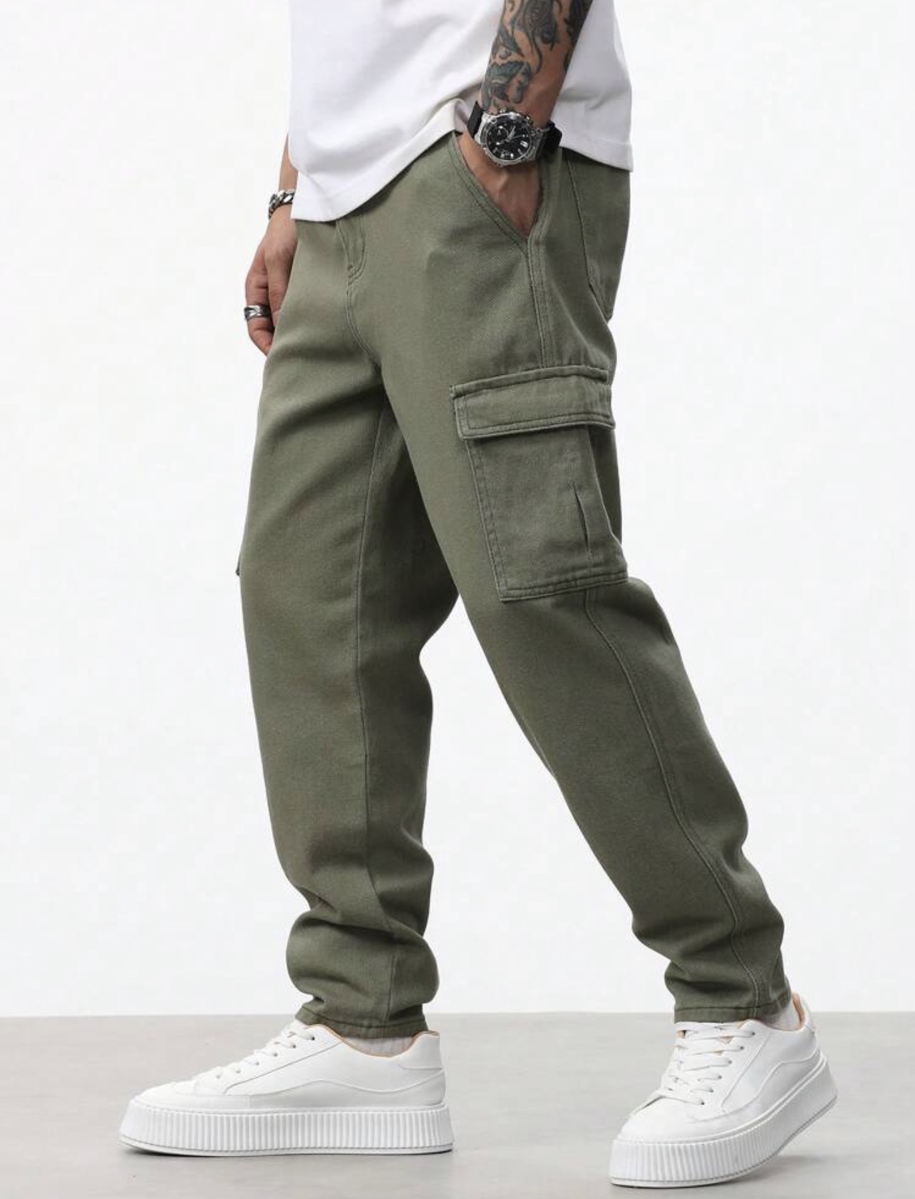QuarKem Men Casual Loose Straight Leg Cargo Denim Jeans