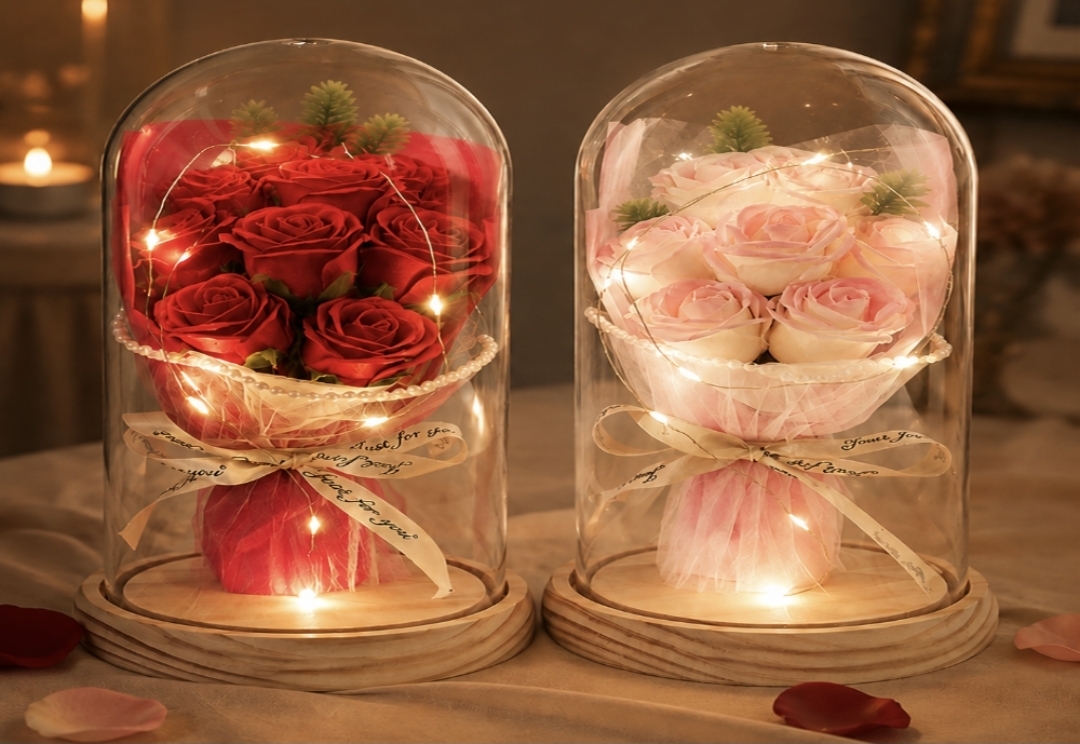 Glass Dome LED Mood Light Bouquet Gift Wraps with a Gift Set