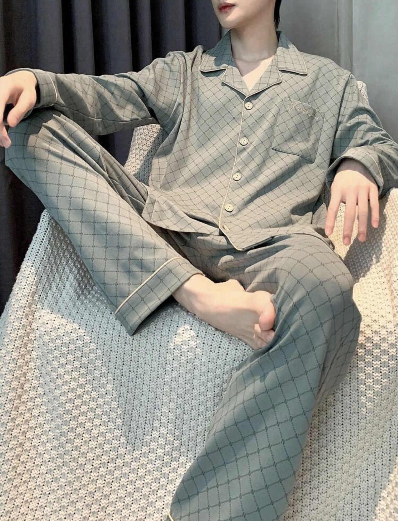 Men Breathable Sweat-Absorbing Plaid Long Sleeve Top And Pants Homewear Set