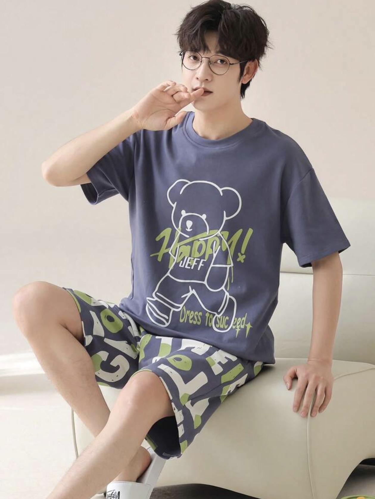 2pcs Men Casual Sleepwear Set, Letter and Cartoon Bear Print