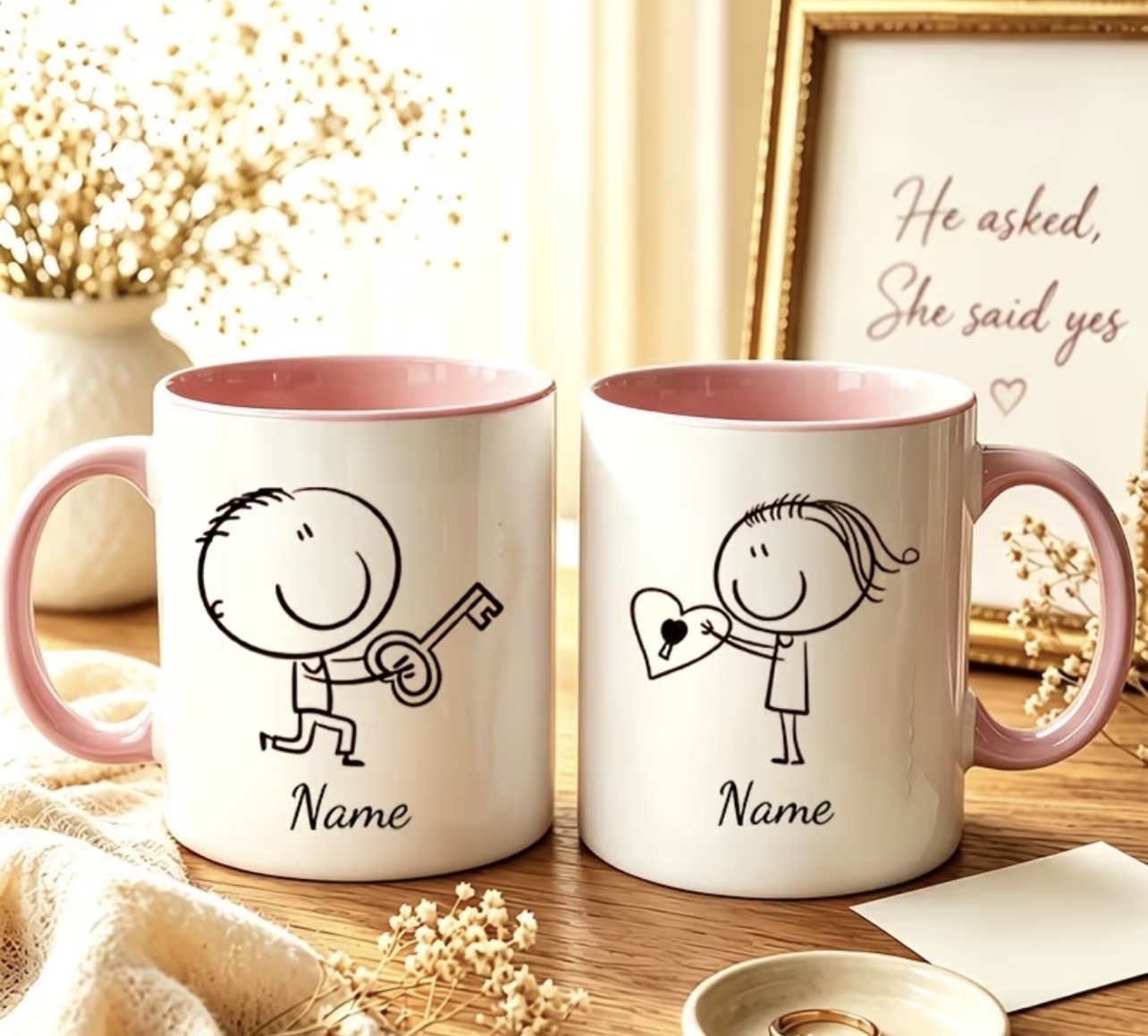 2pcs Custom Couple Ceramic Mugs, Stick Figure Boy with Key And Girl with Heart Custom Name Coffee Cups