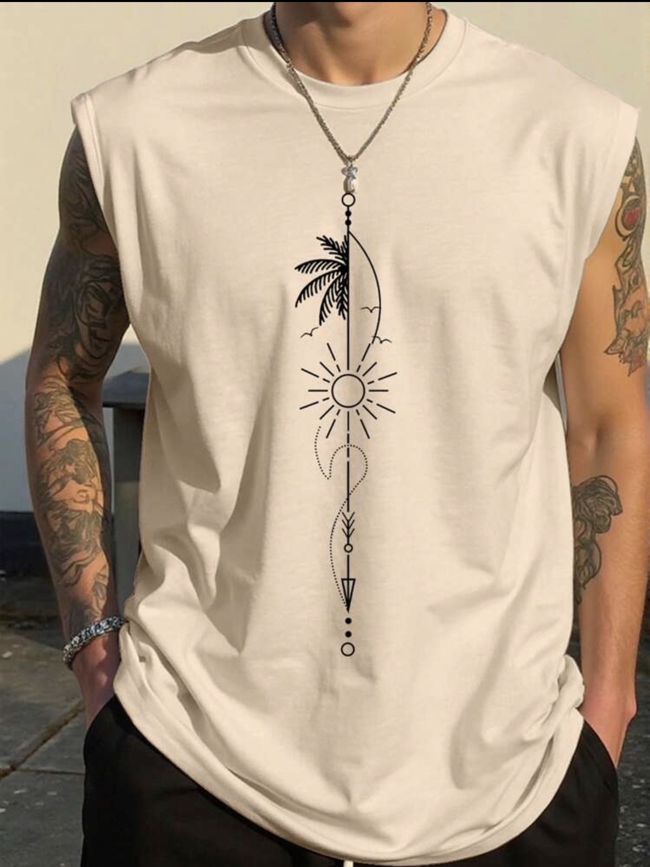 Genlund Men  Casual Sun Print Sleeveless Tank Top