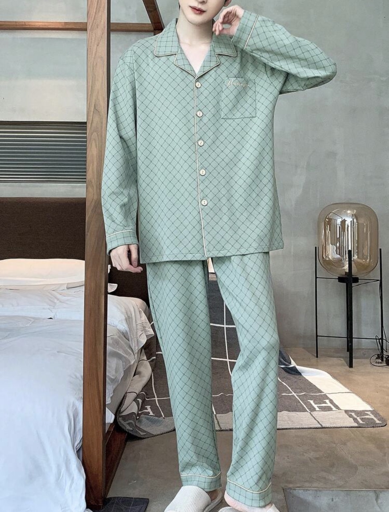 Men Breathable Sweat-Absorbing Plaid Long Sleeve Top And Pants Homewear Set