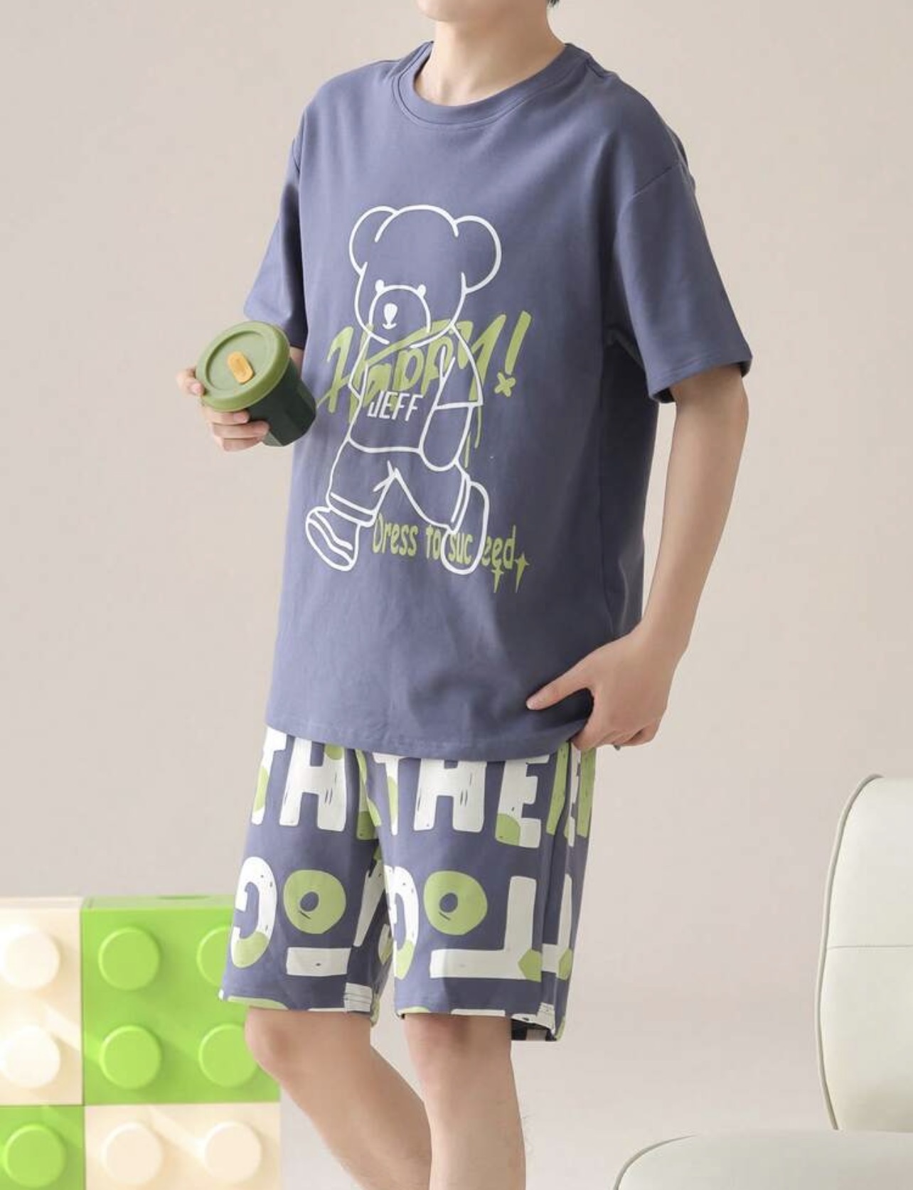 2pcs Men Casual Sleepwear Set, Letter and Cartoon Bear Print