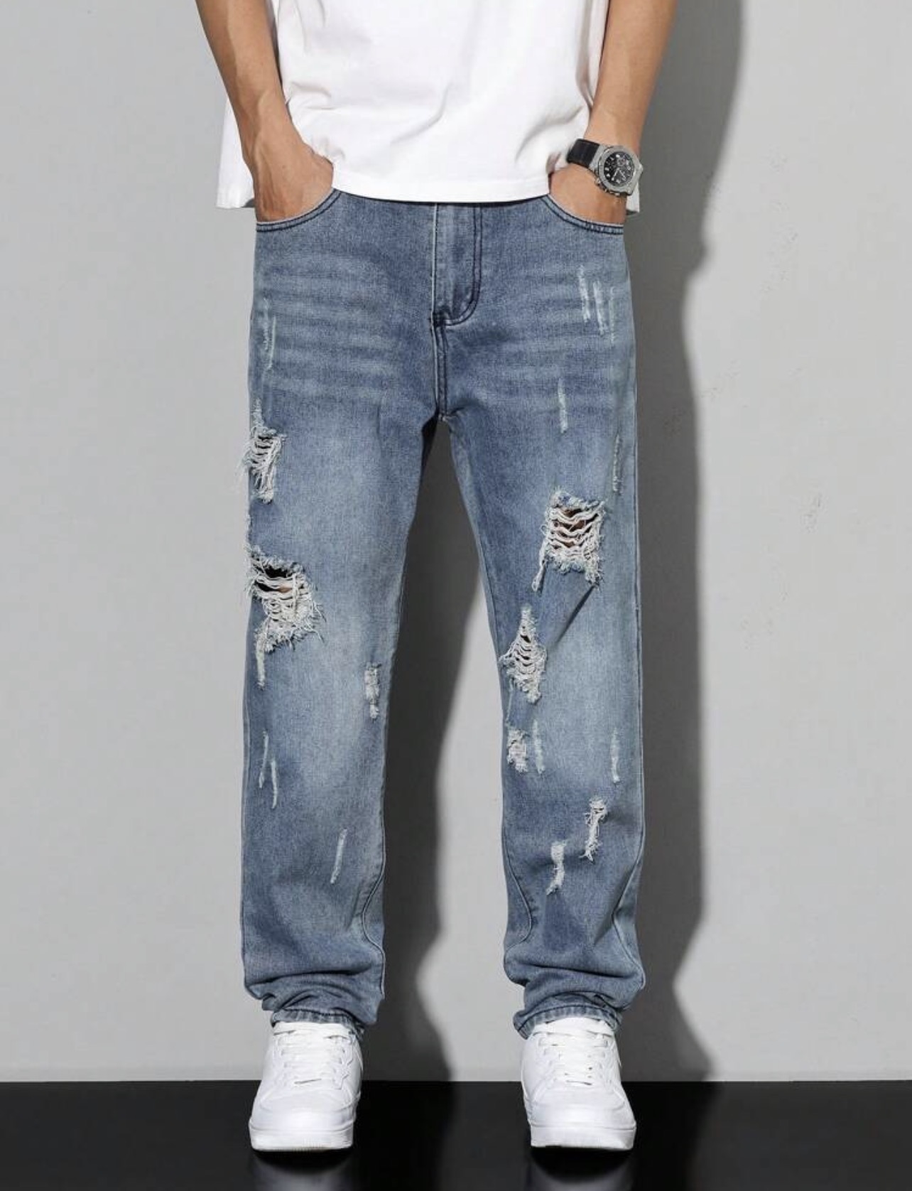 QuarKem Men Pocket  Ripped Straight Loose Casual Jeans, Emo Style