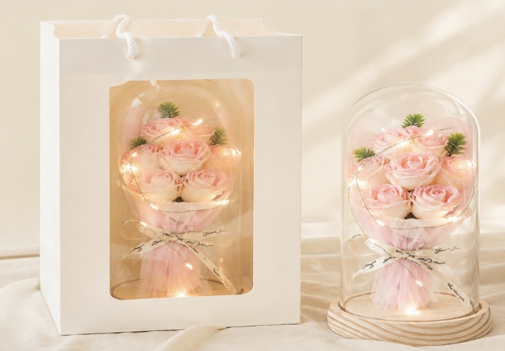 Glass Dome LED Mood Light Bouquet Gift Wraps with a Gift Set