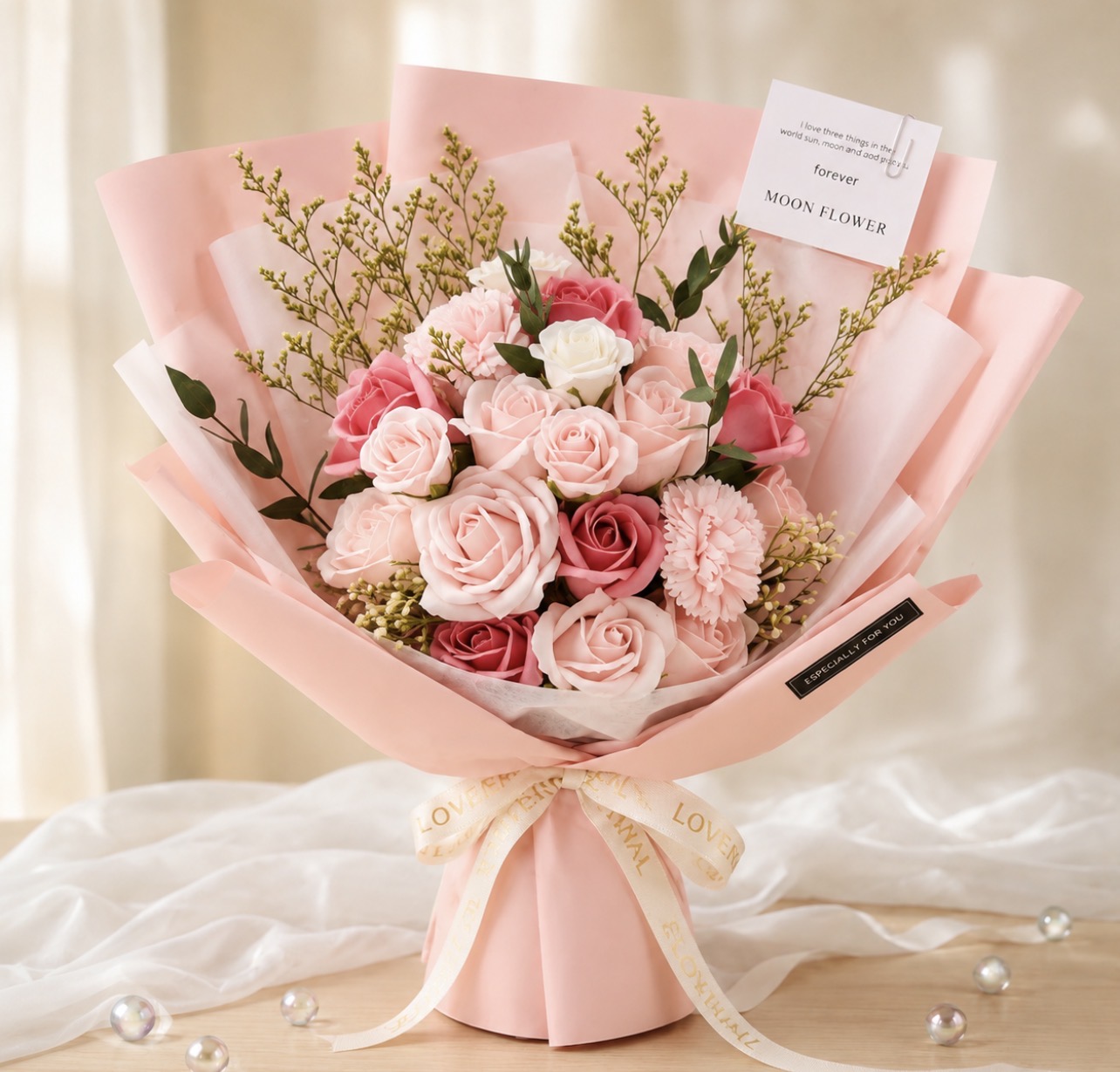 Florea soap flower bouquet large + shopping bag + lighting + card, blossom