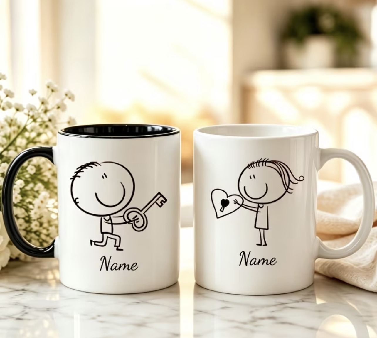 2pcs Custom Couple Ceramic Mugs, Stick Figure Boy with Key And Girl with Heart Custom Name Coffee Cups